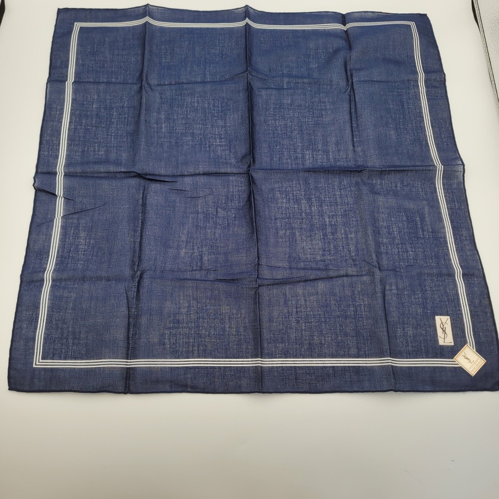 Yves Saint Laurent Blue Cotton Handkerchief Striped Border YSL Pocket Square